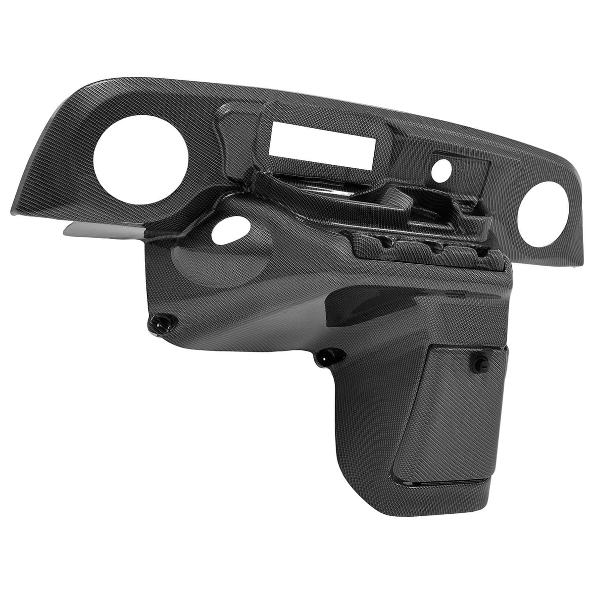 Carbon-fiber style dash panel with radio speaker cutout, cup openings, and console
