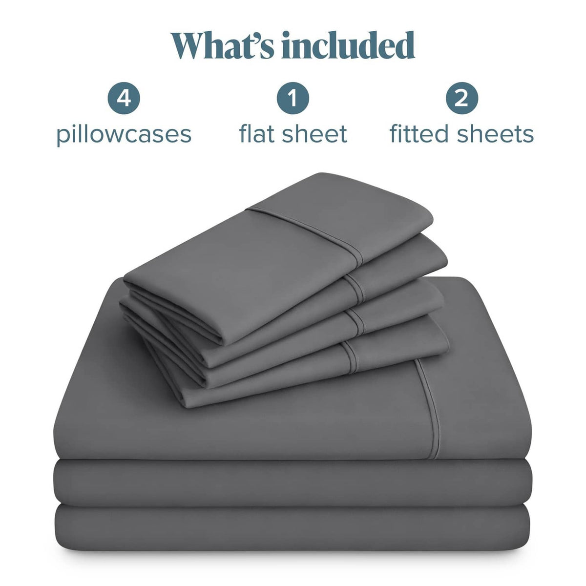 Stacked grey microfiber sheets set showing pillowcases, flat sheet, and fitted sheets
