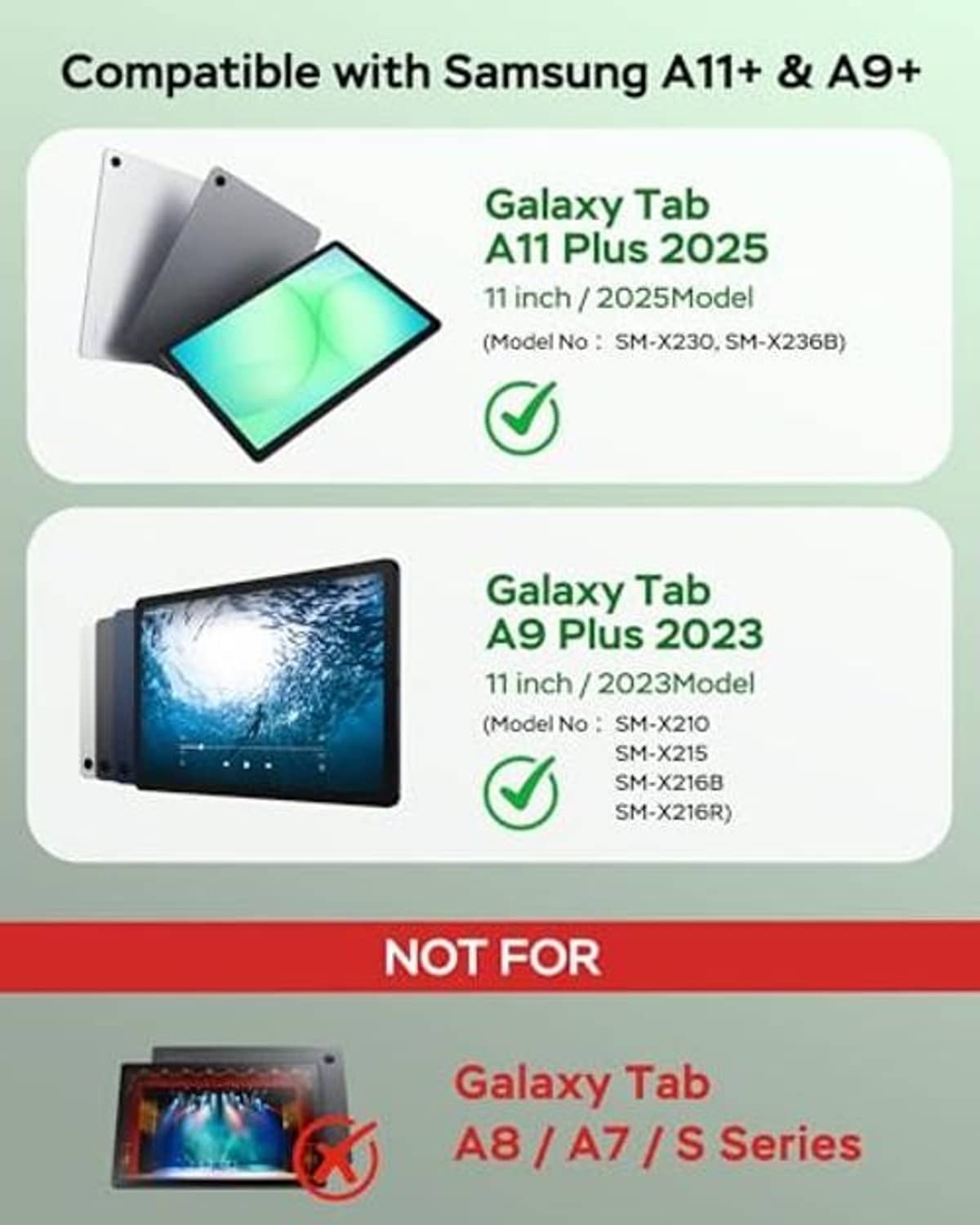 Tablet case compatibility graphic for Galaxy Tab A9 Plus and A11 Plus