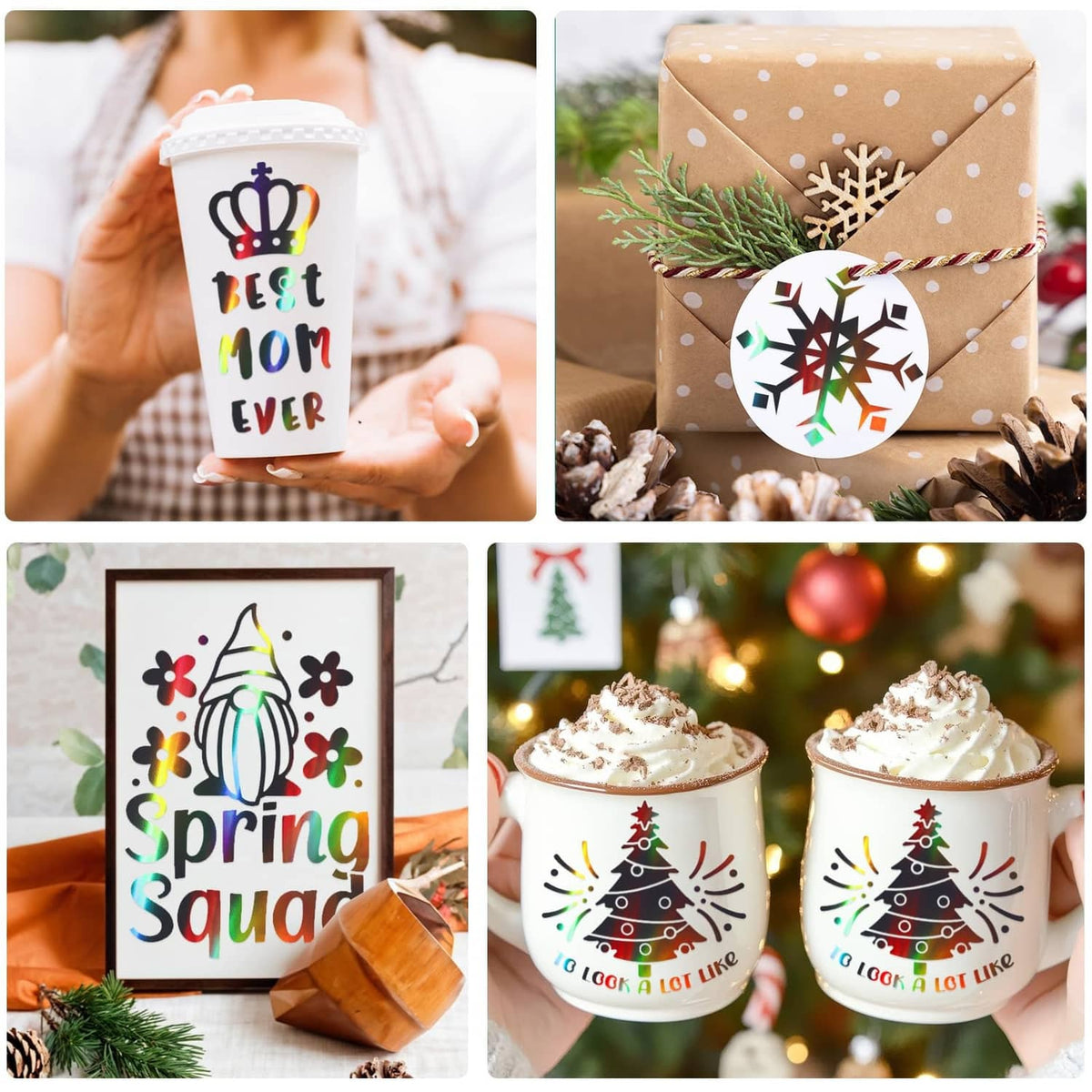 Holographic vinyl craft decals on gift mugs and boxes, glossy black with rainbow accents