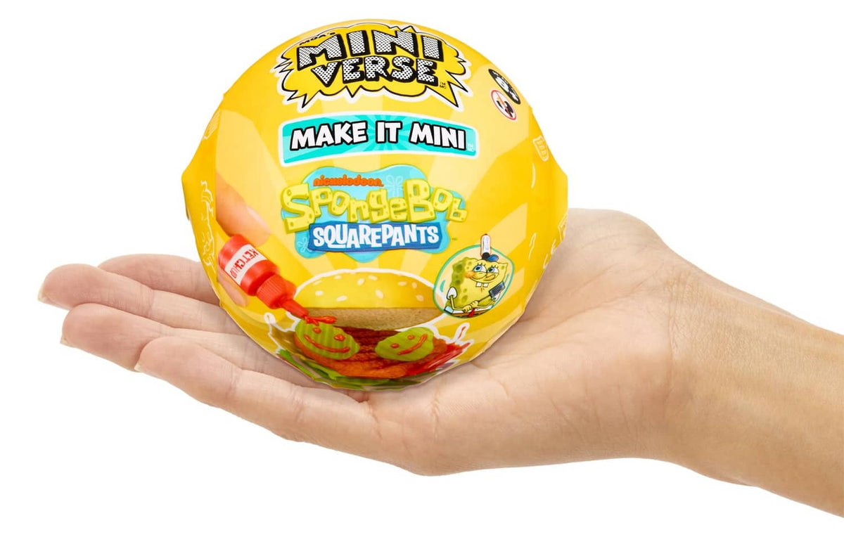 Hand holding yellow Miniverse mini capsule with SpongeBob themed graphics