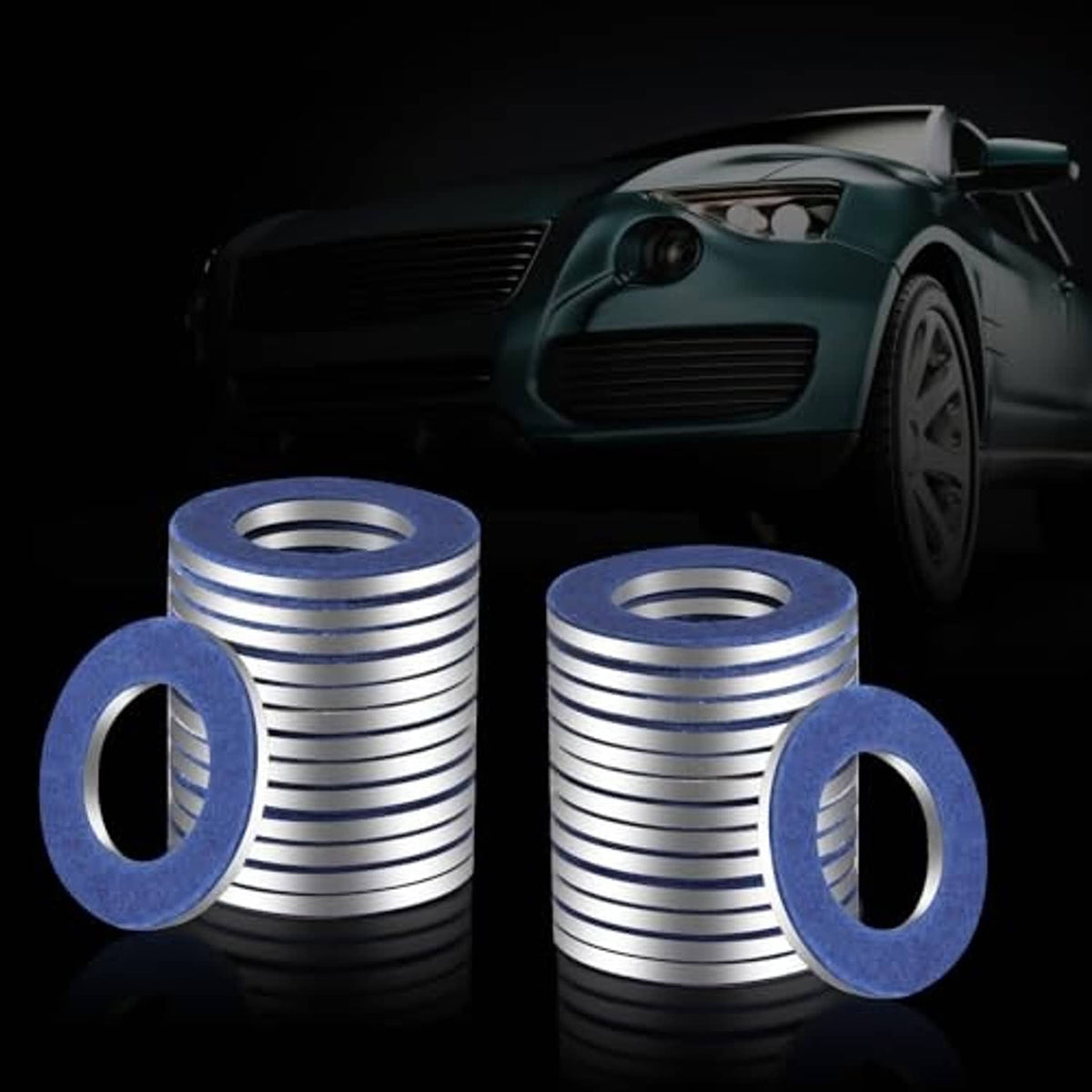 Oil drain plug gasket washers with blue seals and silver rings, stack of several pieces