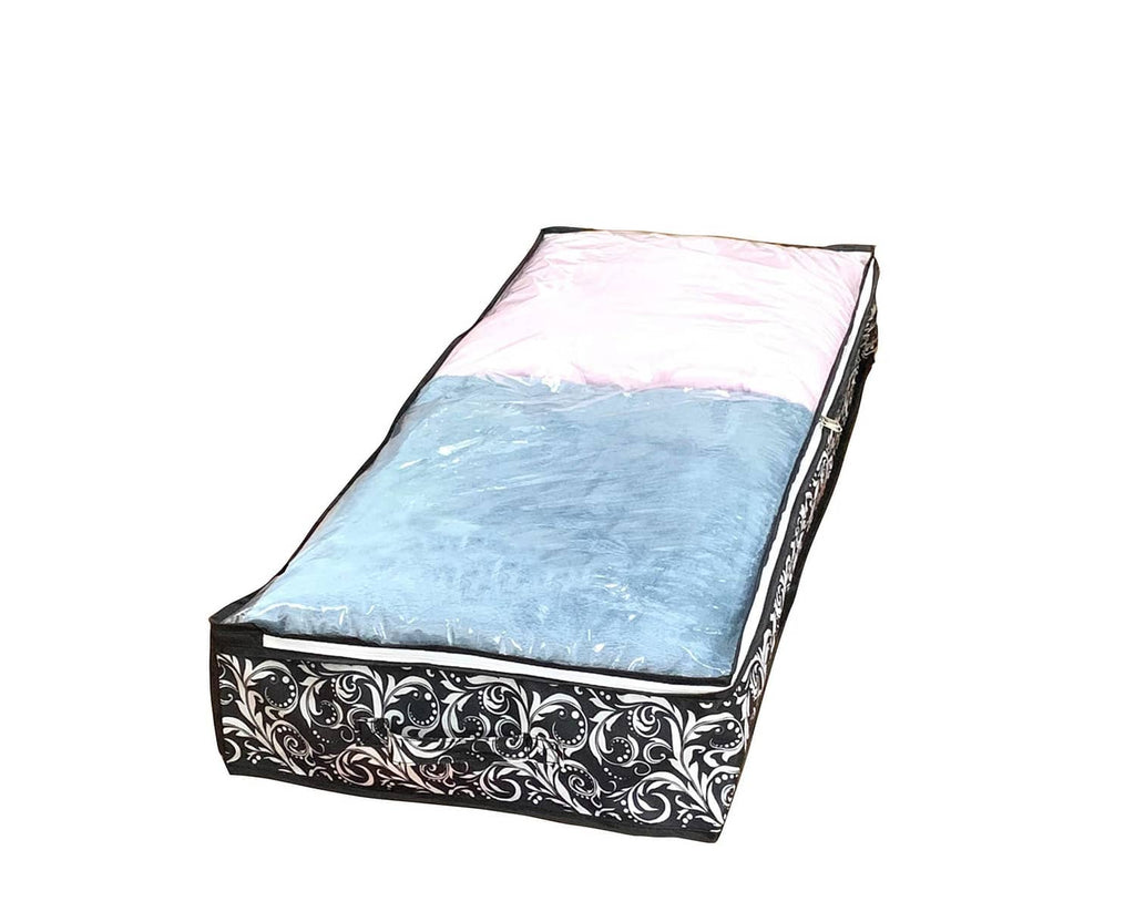 Under-bed storage bag organizer with blue insert and pink-tinted lid, black scroll print