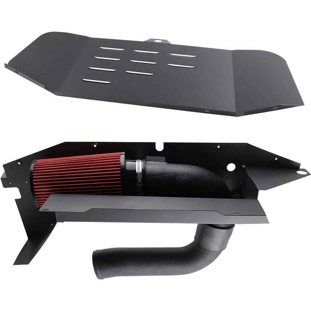 Black intake airbox and heat shield assembly with vented top and filter opening