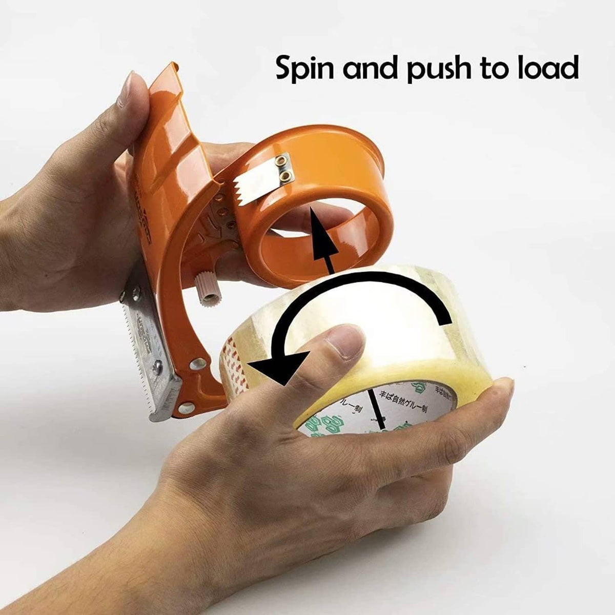 Handheld tape gun loading a 2-inch tape roll with metal cutter at front