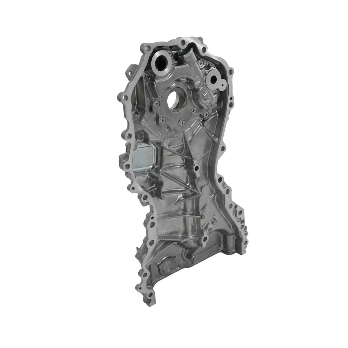 Oil pump housing with circular port, bolts, and internal channel pattern