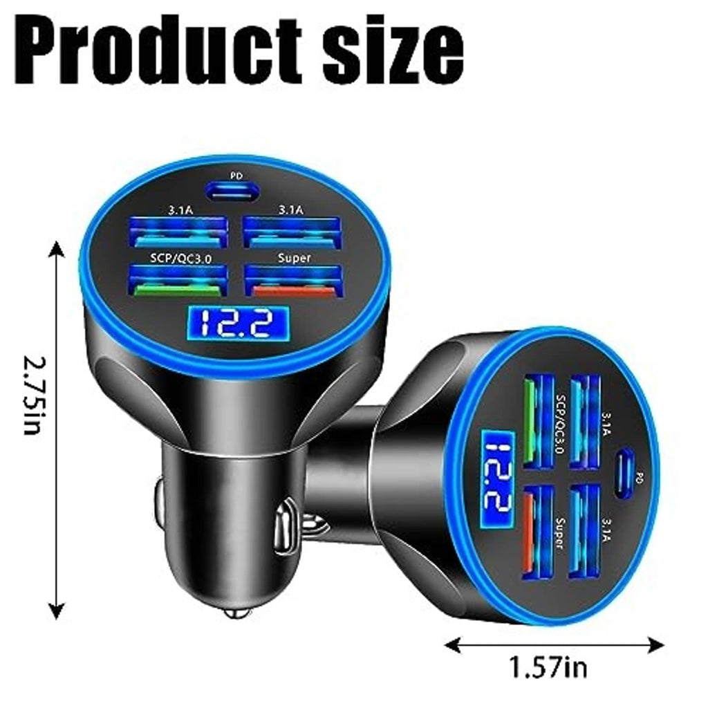 Black car charger with LED voltmeter and Type-C plus four USB ports, shown with size