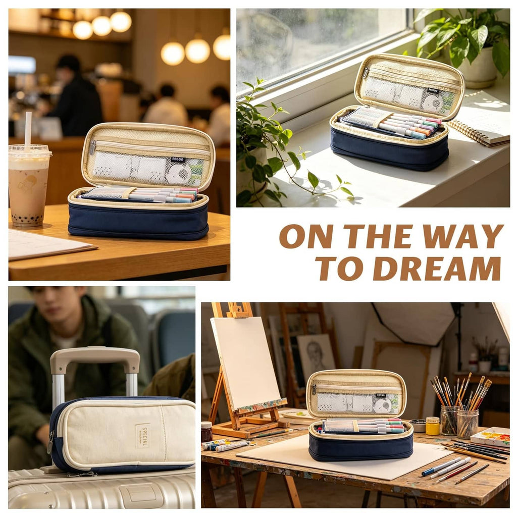 Navy and beige pencil case with clear mesh front, on desk with stationery