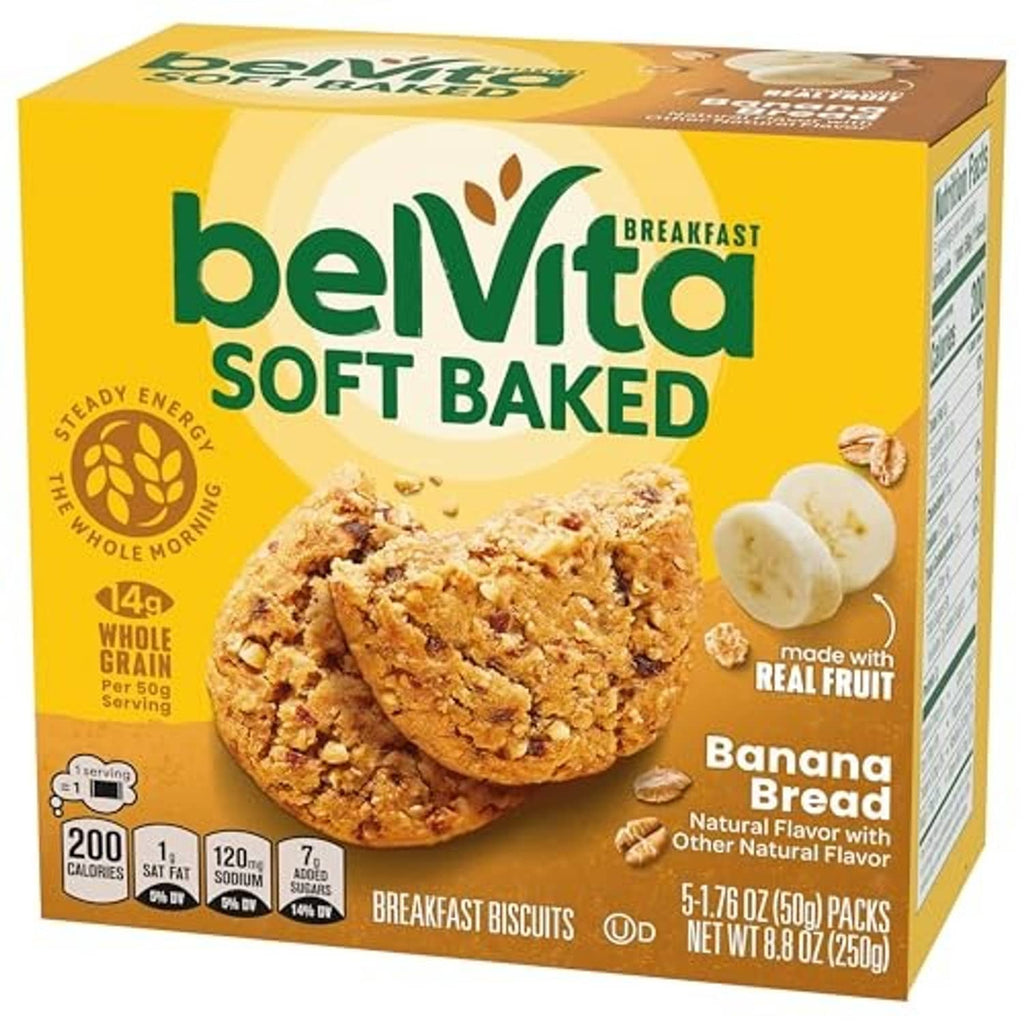 Belvita soft baked banana bread breakfast biscuits box with banana flavor details