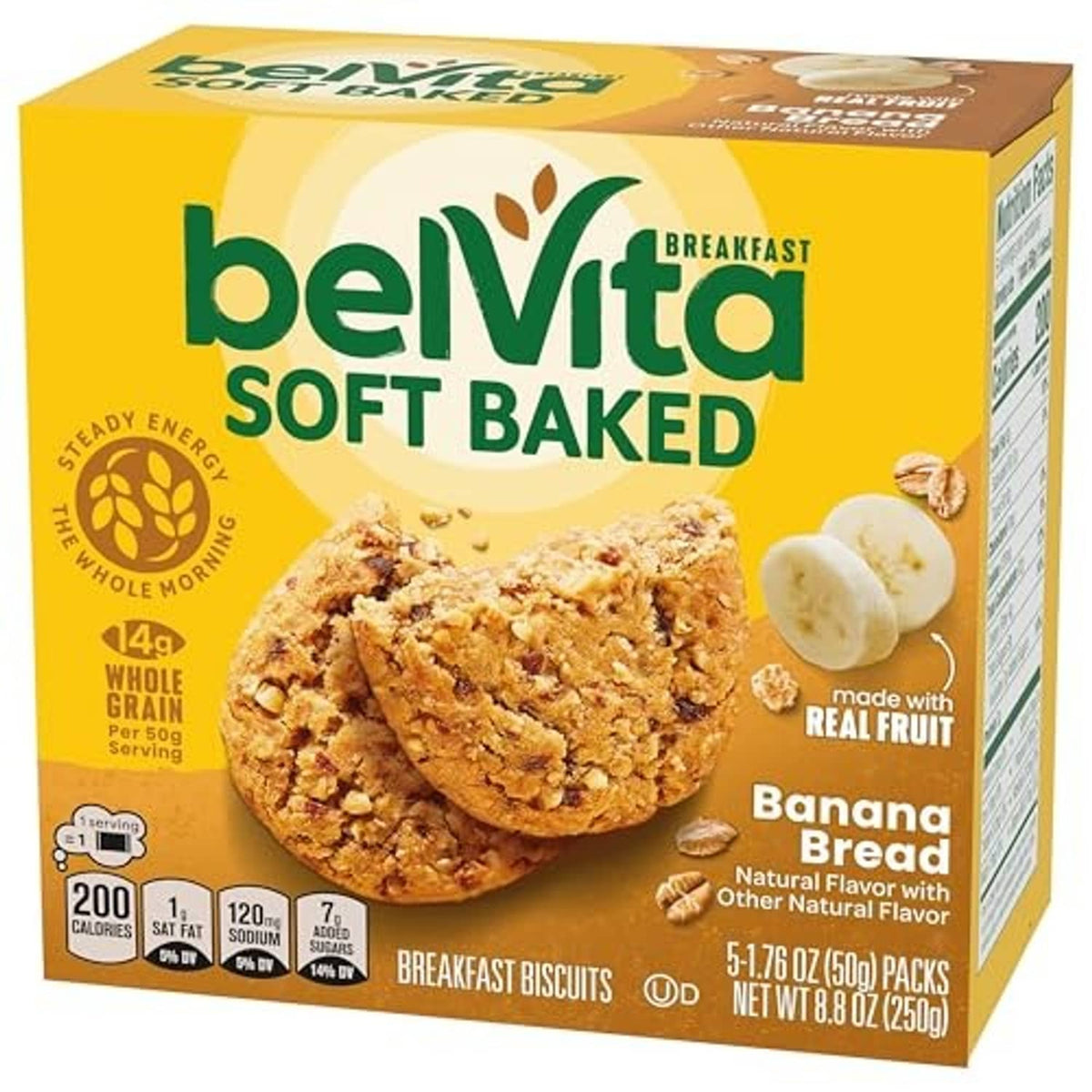 Belvita soft baked banana bread breakfast biscuits box with banana flavor details