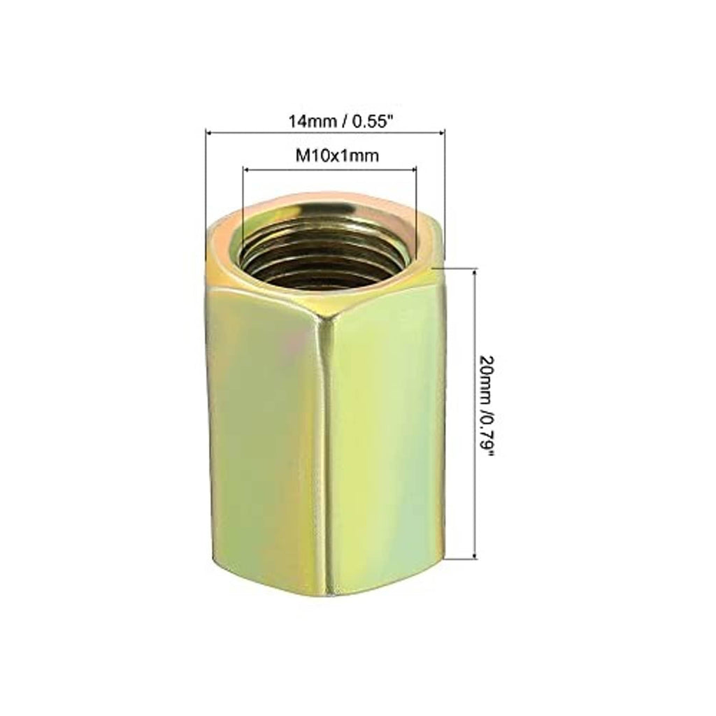 M10 fine-thread hex coupling nut, gold zinc-plated with internal threaded hole