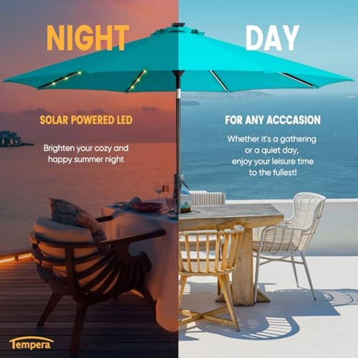 Turquoise solar LED patio umbrella with warm lights, open over outdoor seating