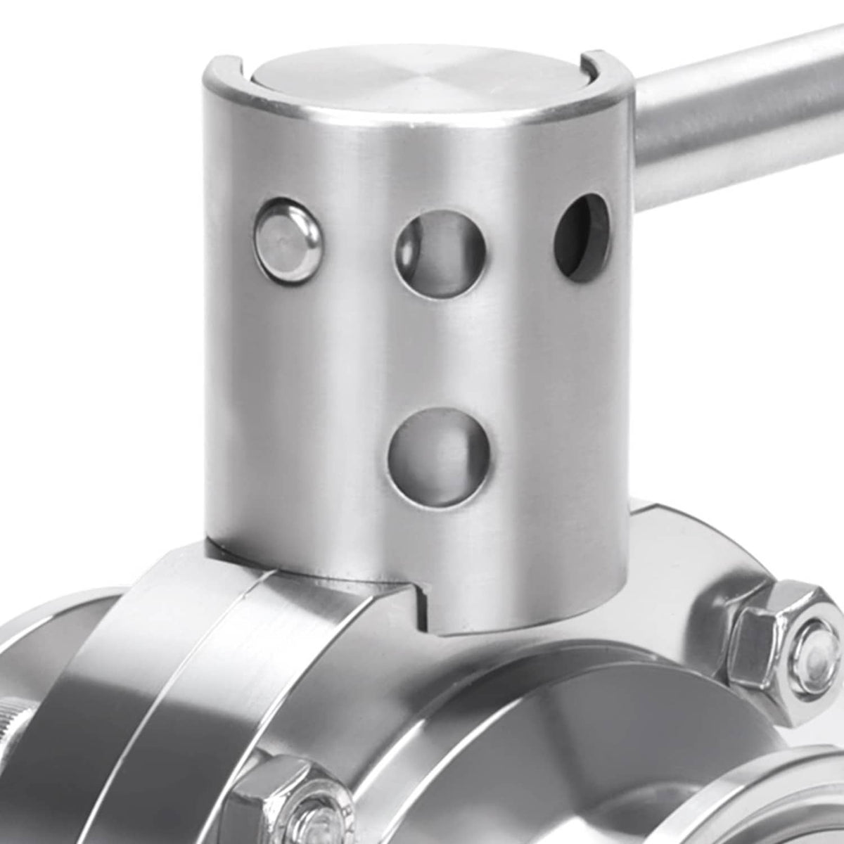 Stainless steel butterfly valve with blue pull lever and cutout body detail
