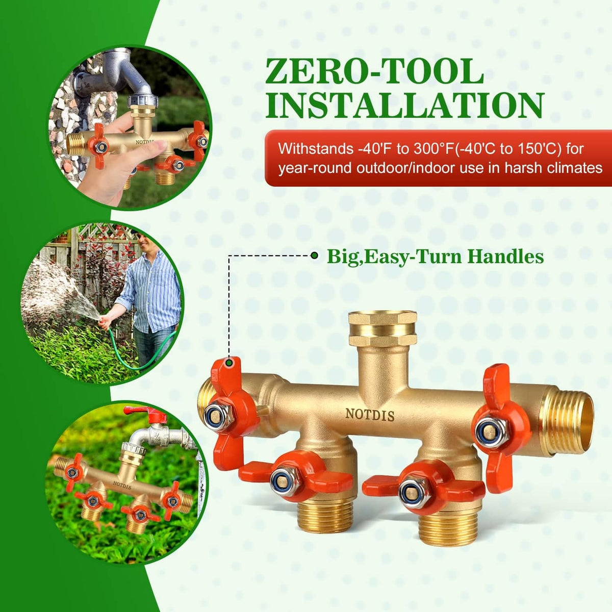 Brass 4-way hose splitter with orange lever handles and threaded hose ports, product graphic