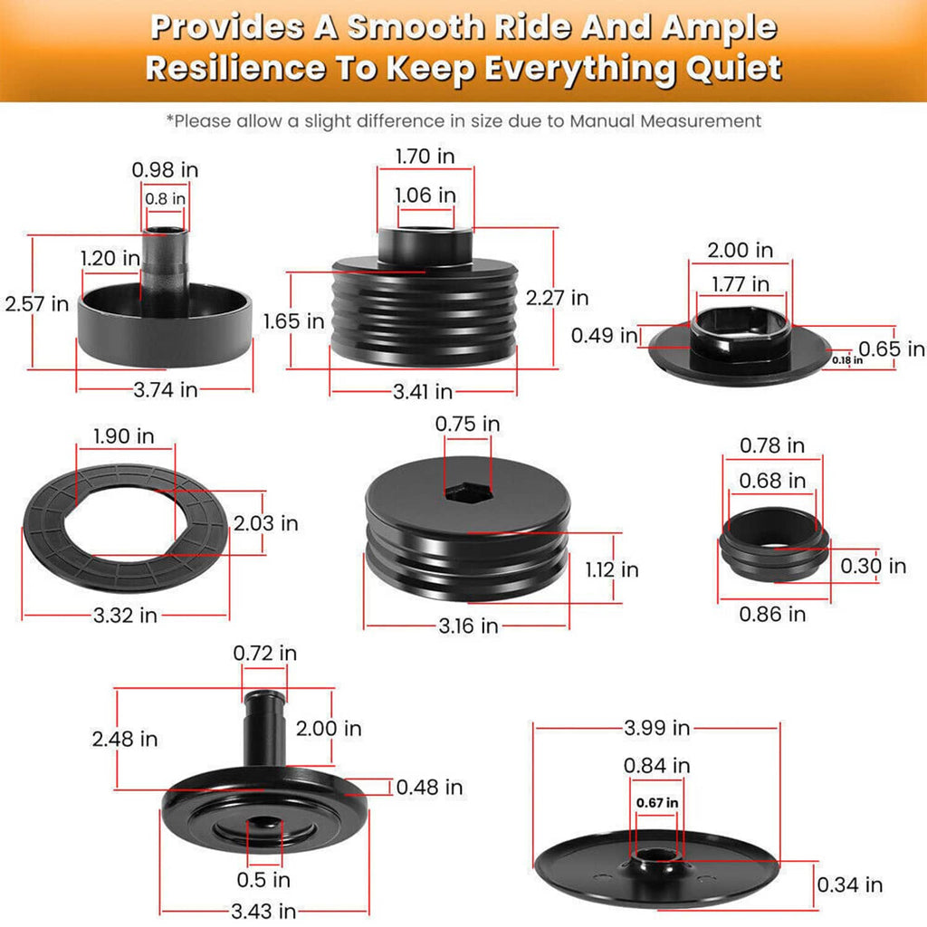 Silicone body mount bushing size diagram with isolator, shims, steel cups, and seals
