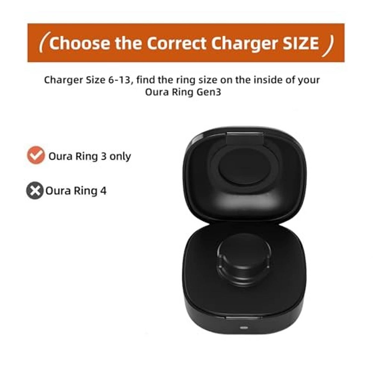 Black wireless charging case with lid open and ring charging dock