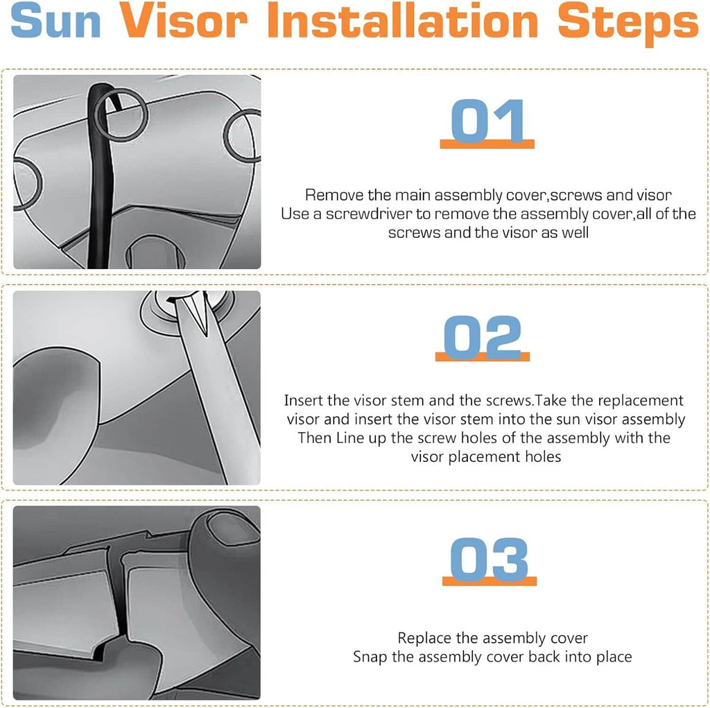 Grey sun visor installation guide showing hinge and attachment steps