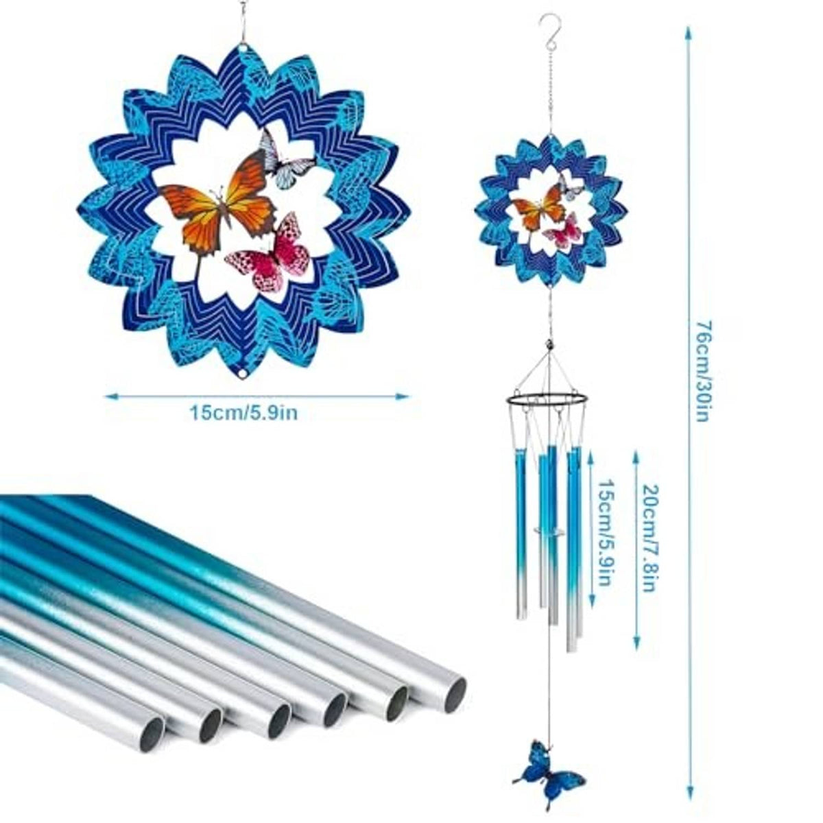 Blue wind chime with 3D flower and butterfly details, six aluminum tubes with silver caps