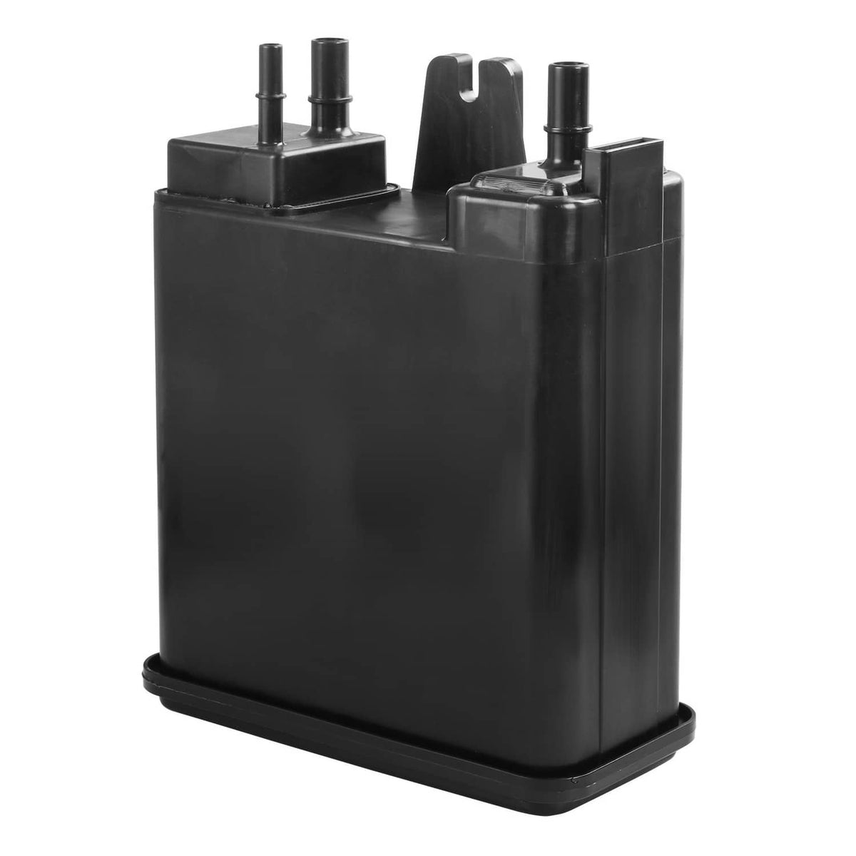 Black vapor canister with multiple vacuum ports and flat mounting base, molded plastic.