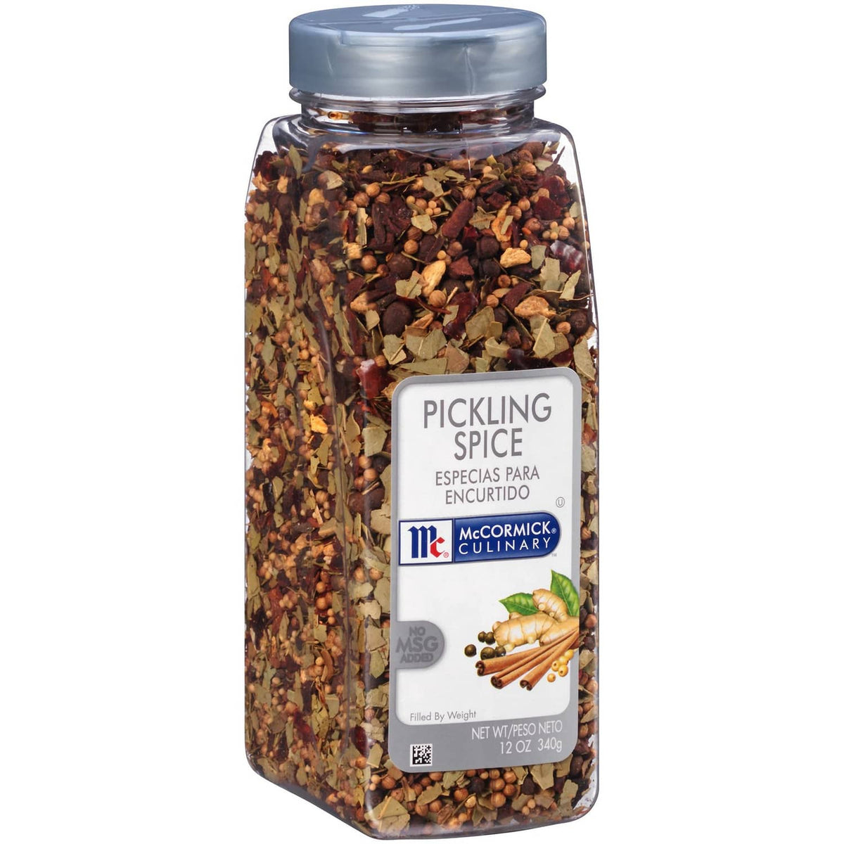 McCormick Culinary pickling spice container with mixed dried spice pieces inside