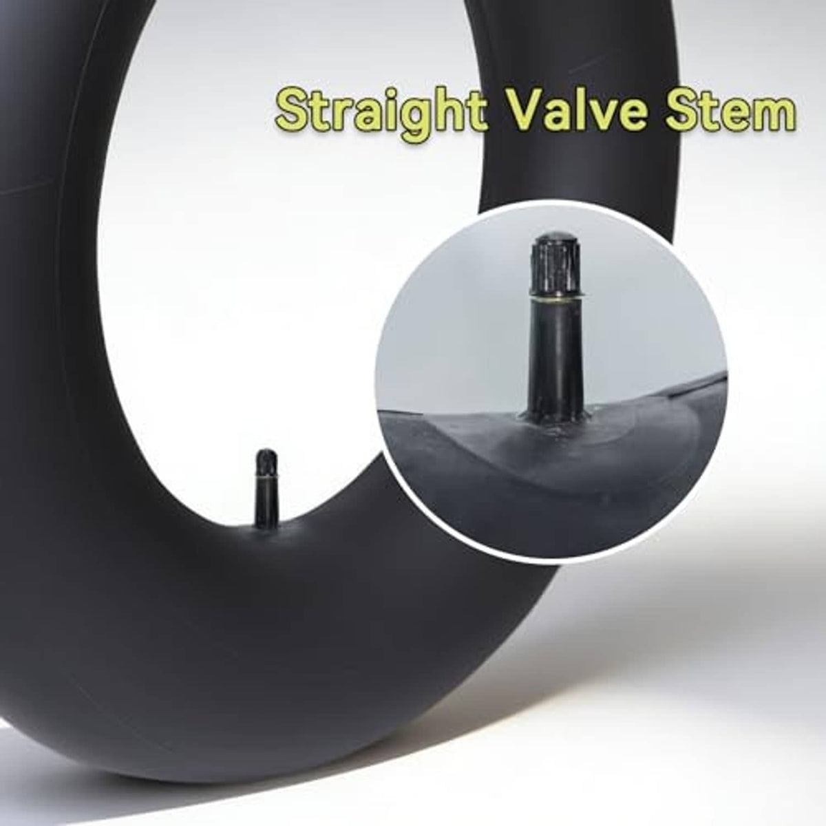 Black inner tube close-up showing straight valve stem and blue stripe