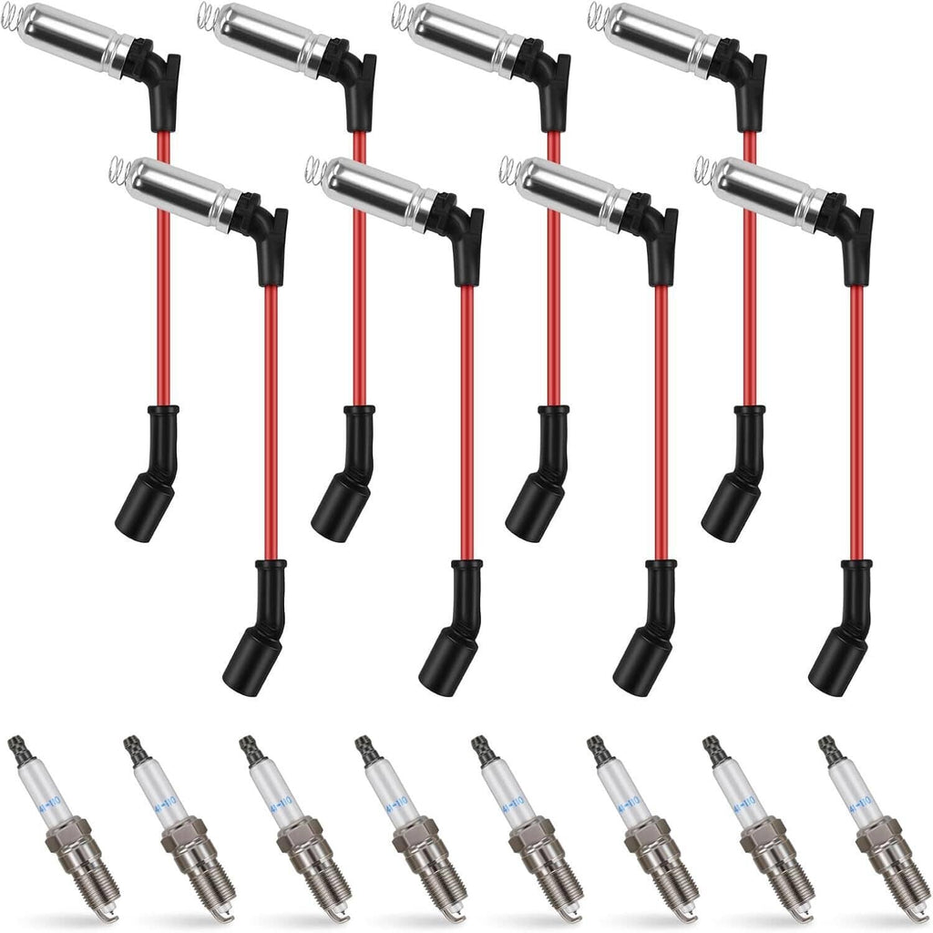 Spark plug wire set with red cables, black connectors, and spark plugs