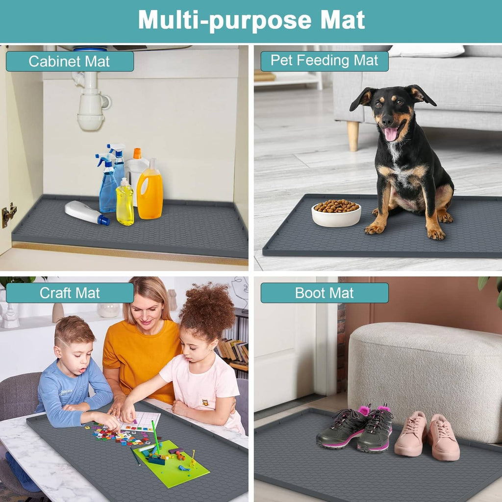 Gray silicone mat for cabinet, pet feeding, crafting, and boot storage