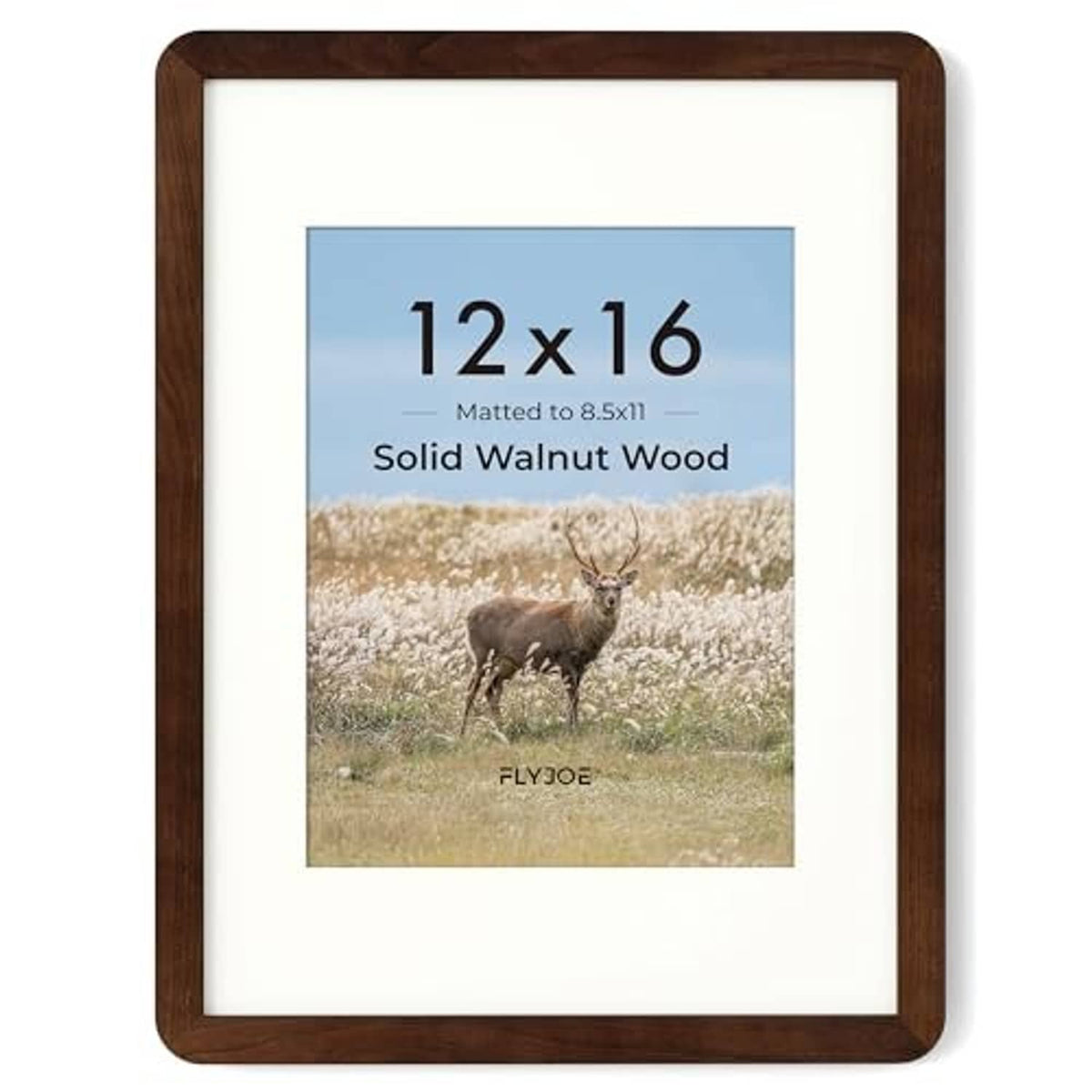 Dark brown walnut wood picture frame holding 12x16 poster, front view