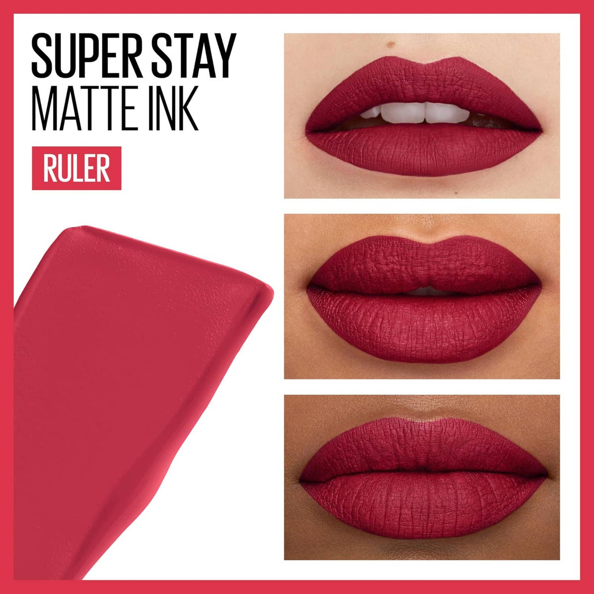 Matte liquid lipstick shade with multiple red lip swatches