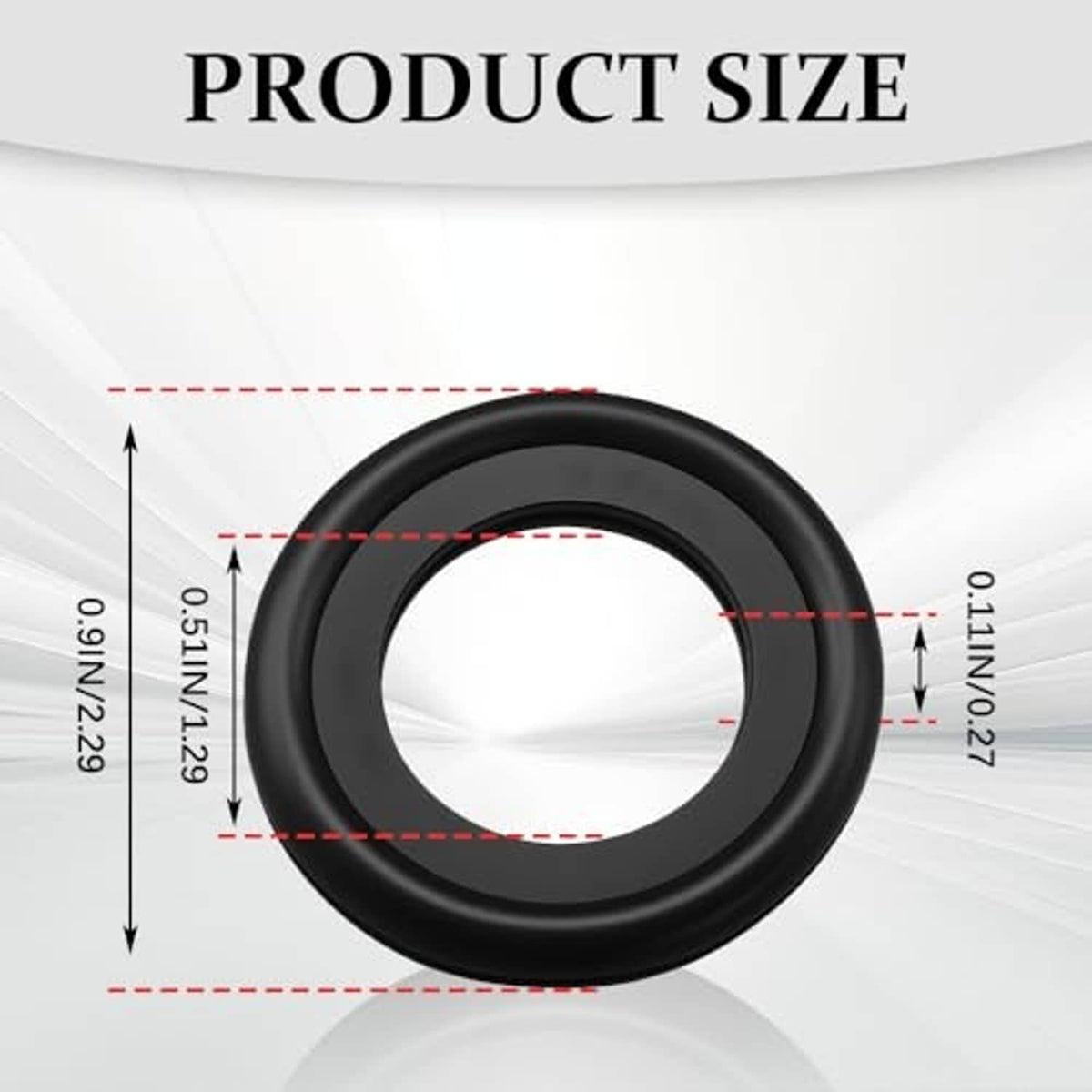 Black rubber oil drain plug gasket washer with size measurement lines