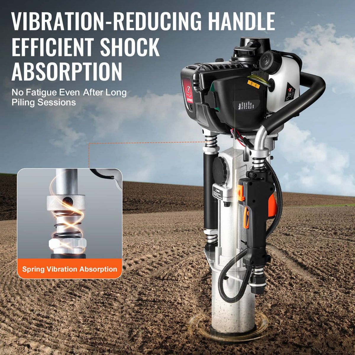 Vibration-reducing handle gas piling driver with orange control and silver base