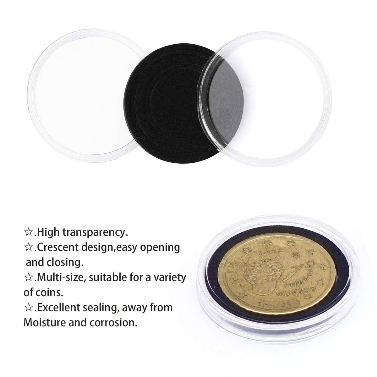 Transparent coin capsule with black foam pads and a coin inside