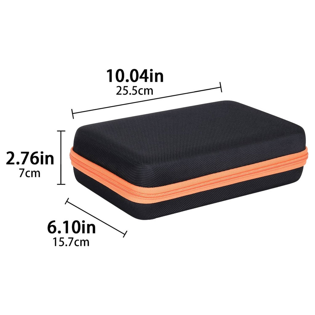Hard tool case measuring 10.04 in x 6.10 in, black with orange trim
