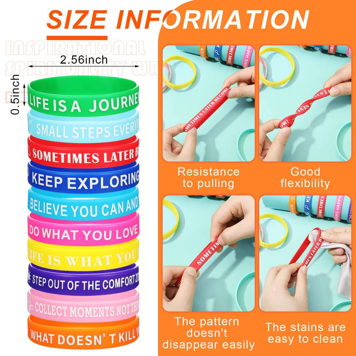 One-size multicolor motivational silicone wristbands stacked, printed motivational phrases