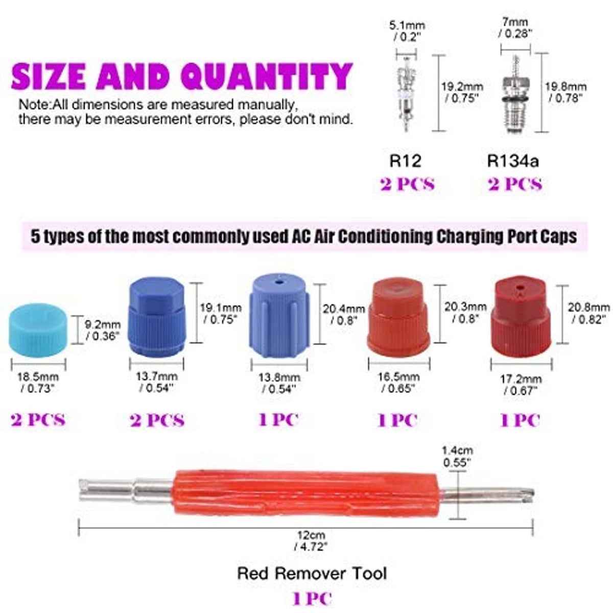 Valve core fit size chart for R12 and R134a with port cap diagrams