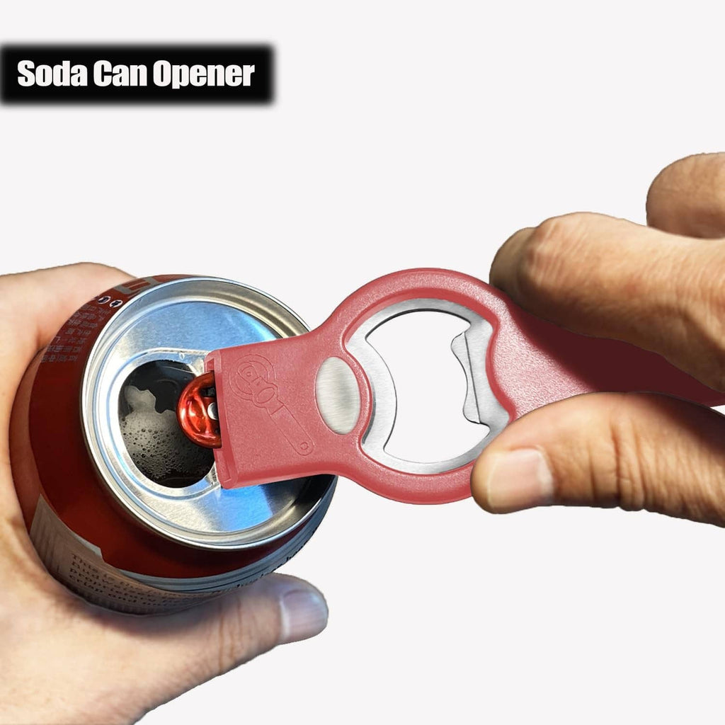 Red can opener tool with curved grip for pulling a soda can lid