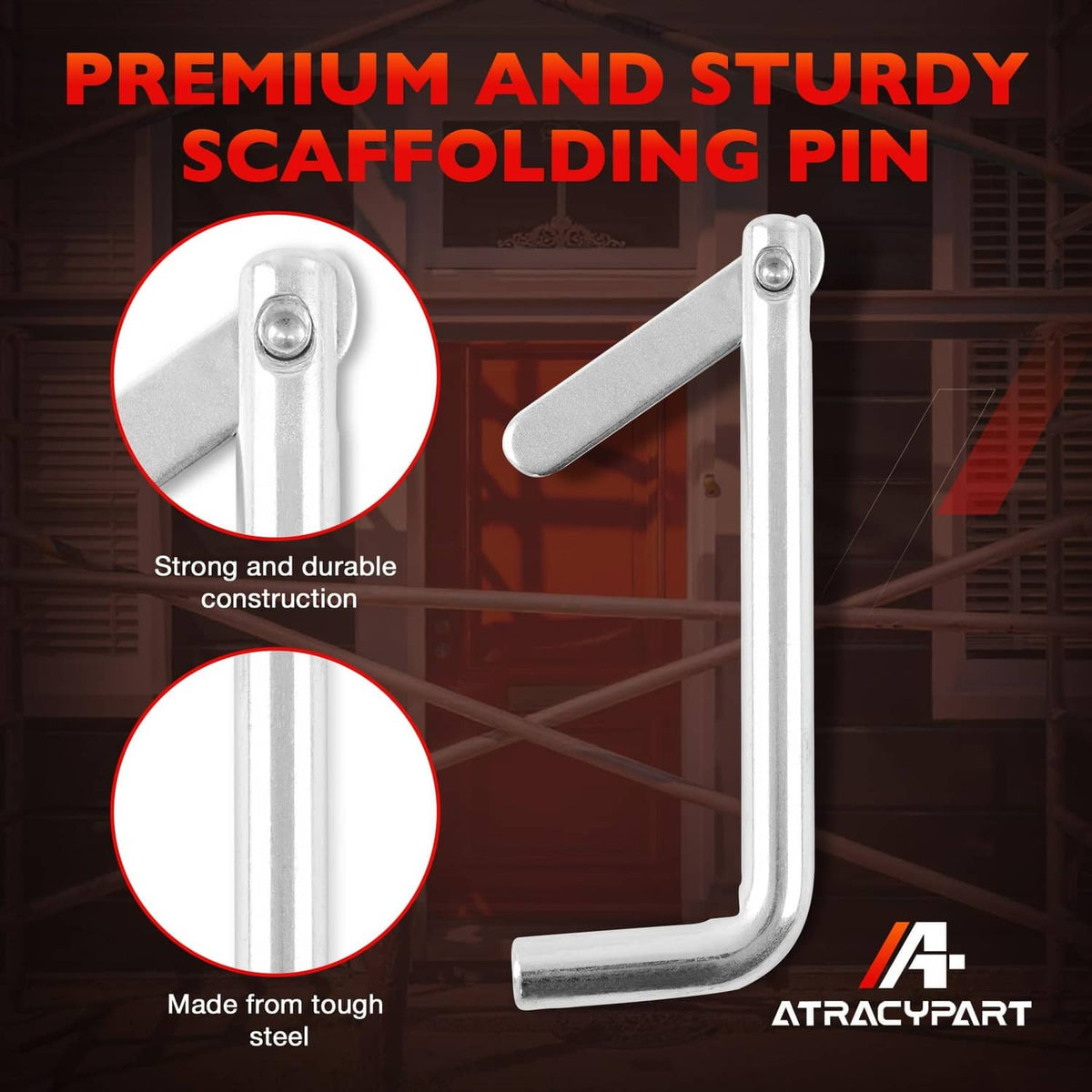 Galvanized steel scaffolding toggle locking pin, vertical U-shape with top locking cap.