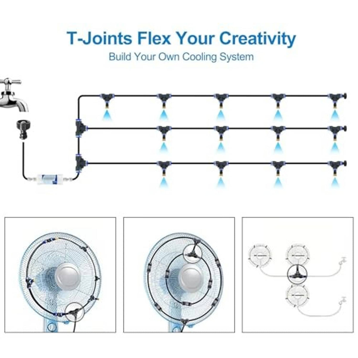 T-joint water mister tubing layout with multiple mist heads and connectors