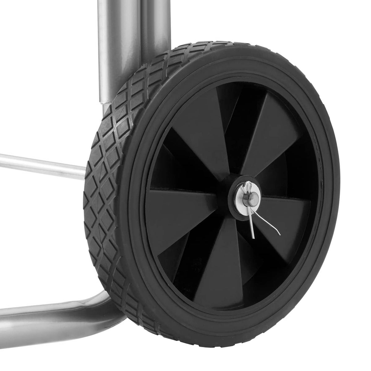 Black spoked wheel on a silver hose reel cart frame