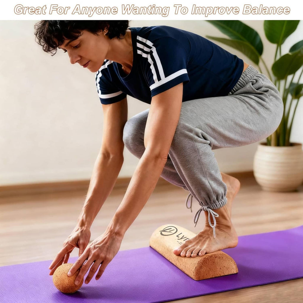 Person kneeling with bare feet on a cork balancing board for foot stability