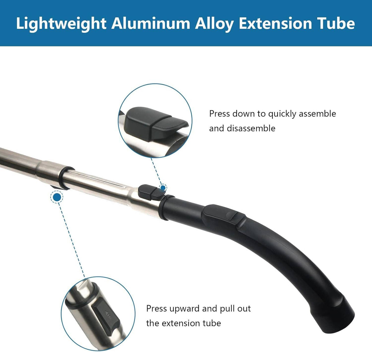 Lightweight extension tube with silver finish and black grip, push-fit connection points