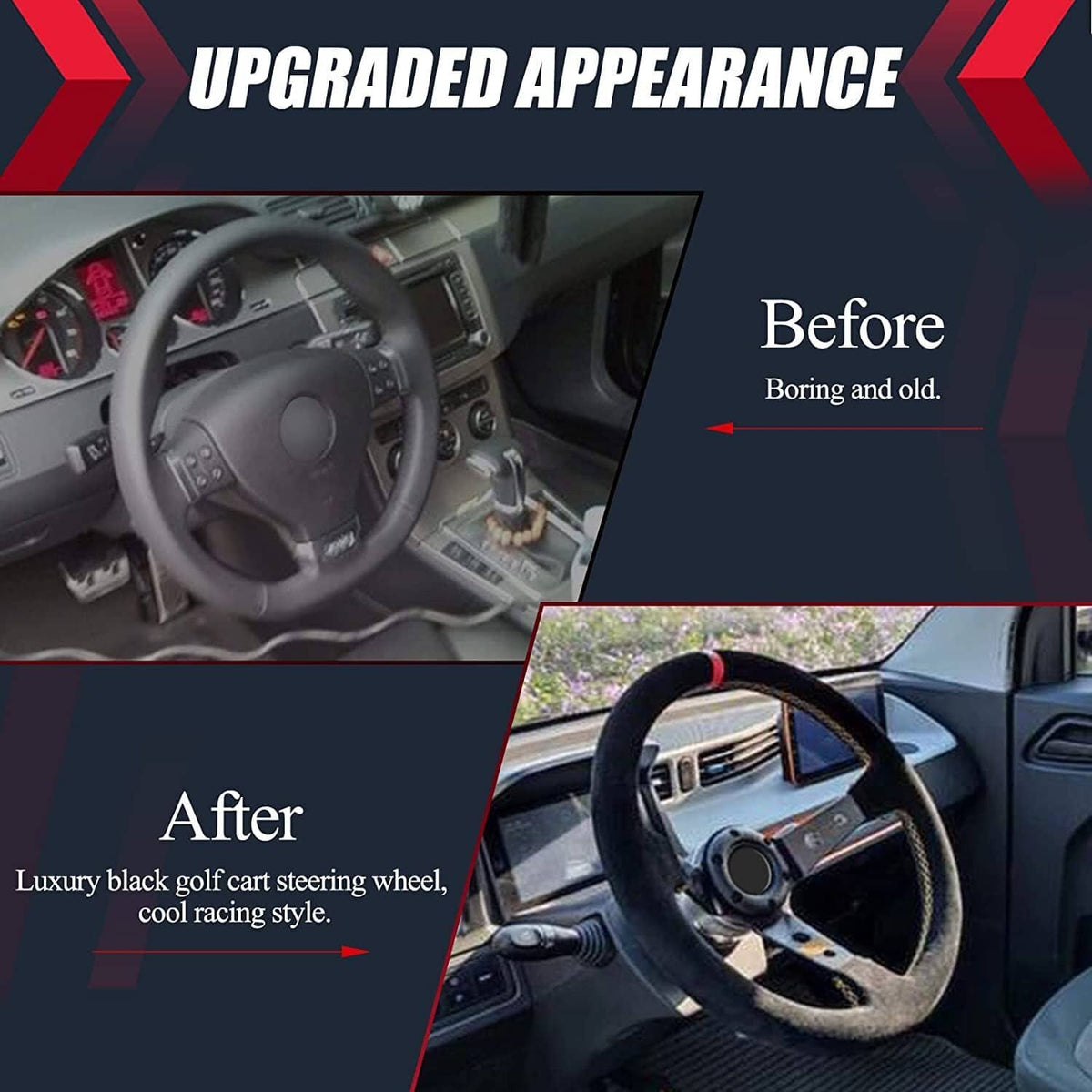 Racing suede steering wheel with horn button upgrade shown in car