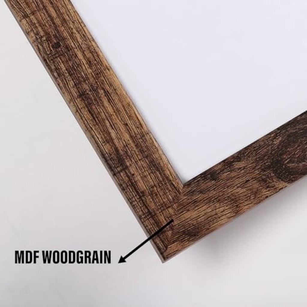 Rustic brown frame corner detail with MDF woodgrain construction labeled on the image