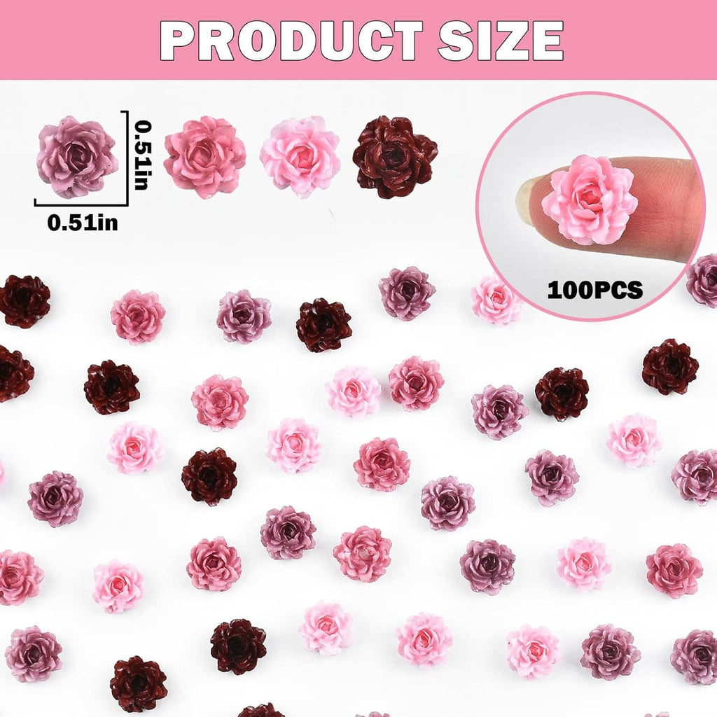 Assorted tiny peony resin flowers, pink and dark maroon, shown as a size guide