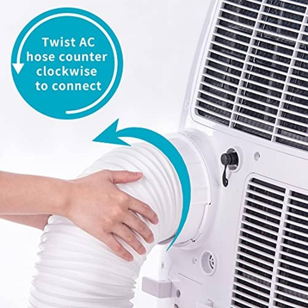Hand twisting white corrugated AC exhaust hose on a portable unit