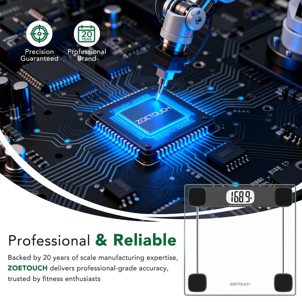 Body weight scale circuit board detail with LCD scale reading on base