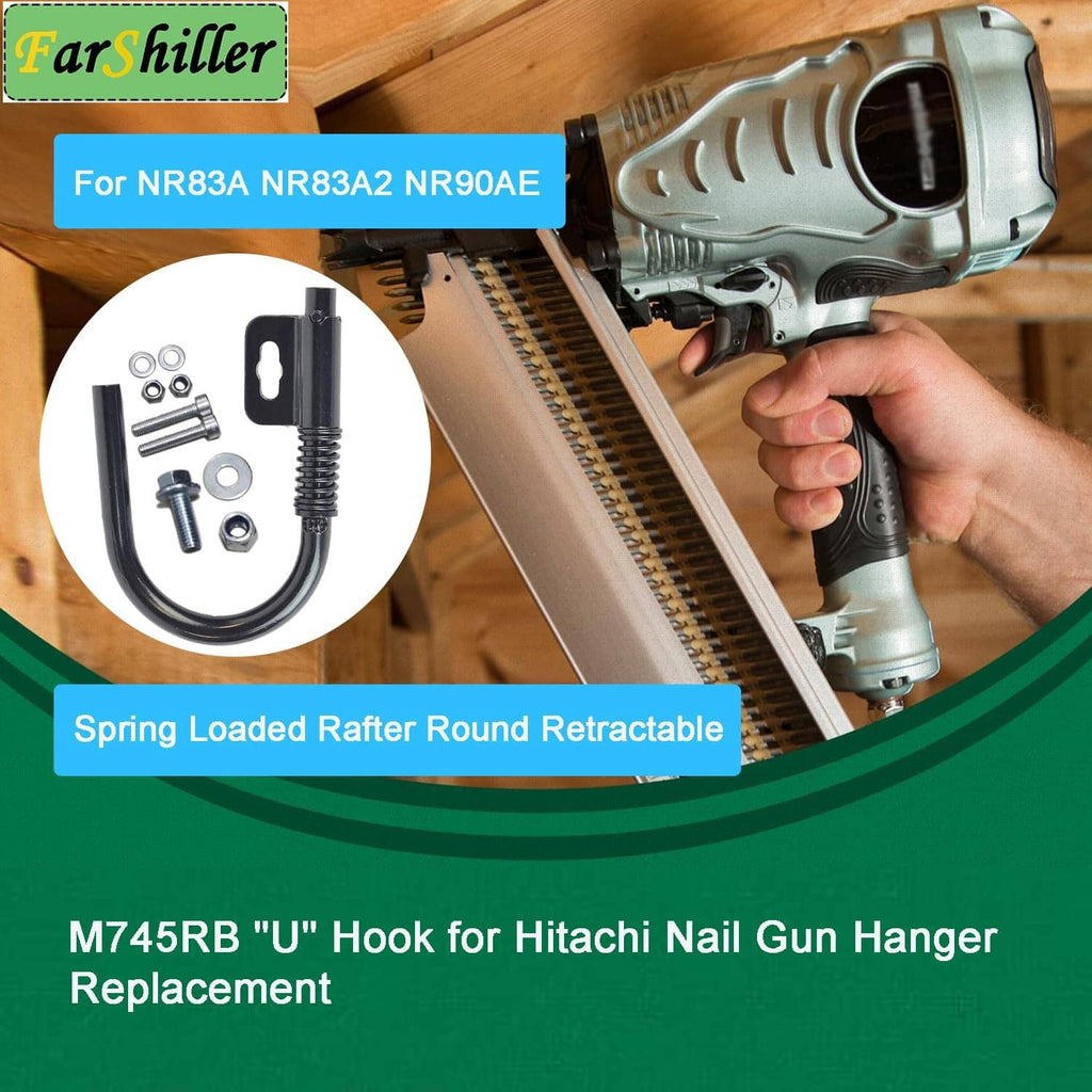 Spring-loaded U-shaped nail gun hanger hook with mounting screws and washers
