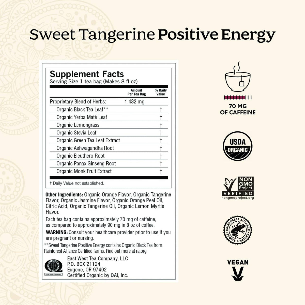 Bright Peach Positive Energy supplement facts panel with caffeine info and USDA organic