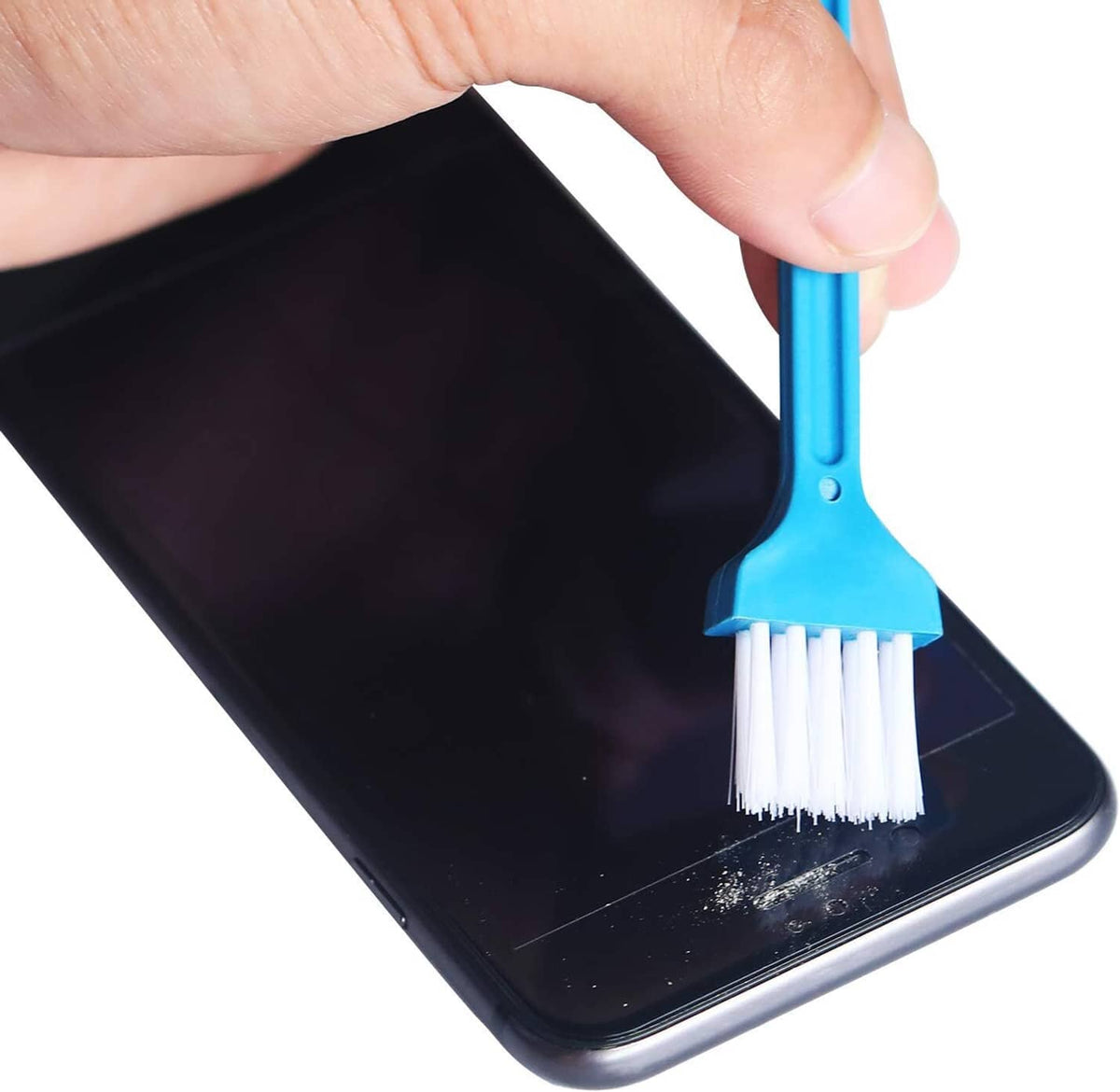 Blue cleaning brush scrubbing phone screen with white bristles