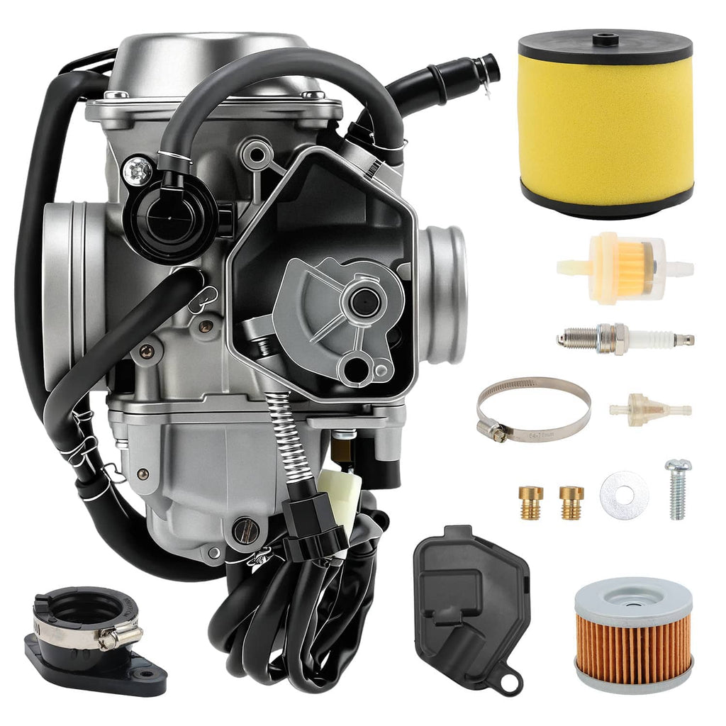 Carburetor kit with metal carburetor, yellow air filter, hoses and spark plug fittings